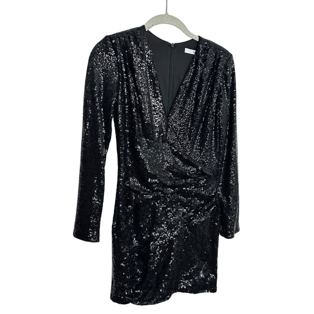 SHO Black Sequin Long Sleeve Wrap Mini Dress XS